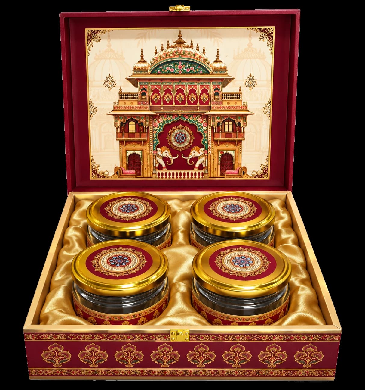 Haveli Chest open, four gold-lidded jars on gold satin