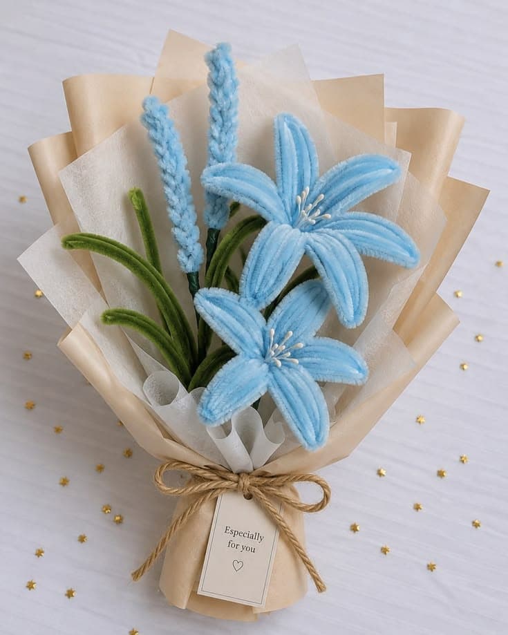 Blue pipe-cleaner lilies and lavender wrapped in kraft paper with a twine bow