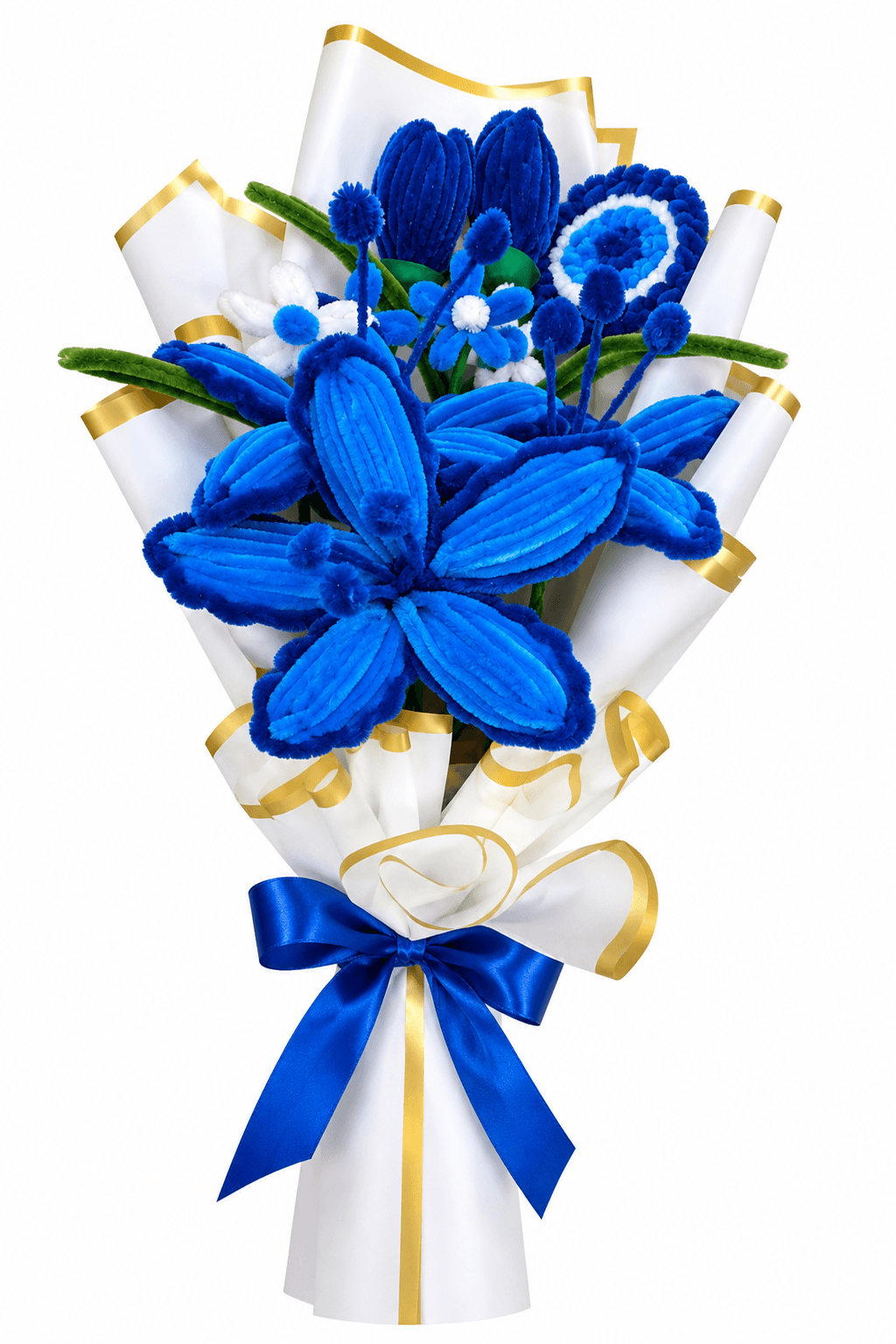 Royal-blue pipe-cleaner lilies and tulips in a white and gold wrap with a blue bow